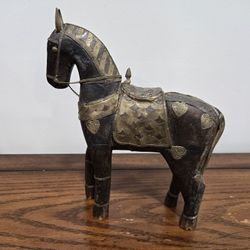 Beautiful Vintage Carved Wooden Horse With Copper Brass Accents