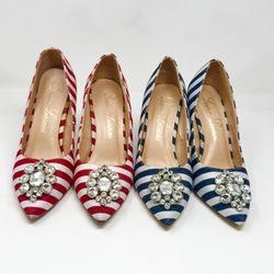 2 Pair Striped Red and Blue Women's Shoes with Crystal Embellishments