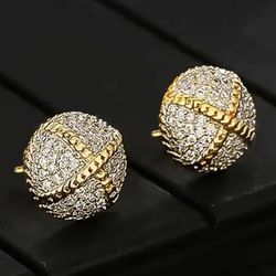 Exquisite Micro Pave 14K Gold-Plated Cubic Zirconia Round 11mm Men Women Stud Earrings 