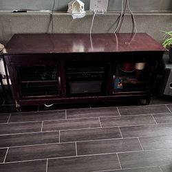 Dark Cherry Wood TV Stand with Glass Doors
