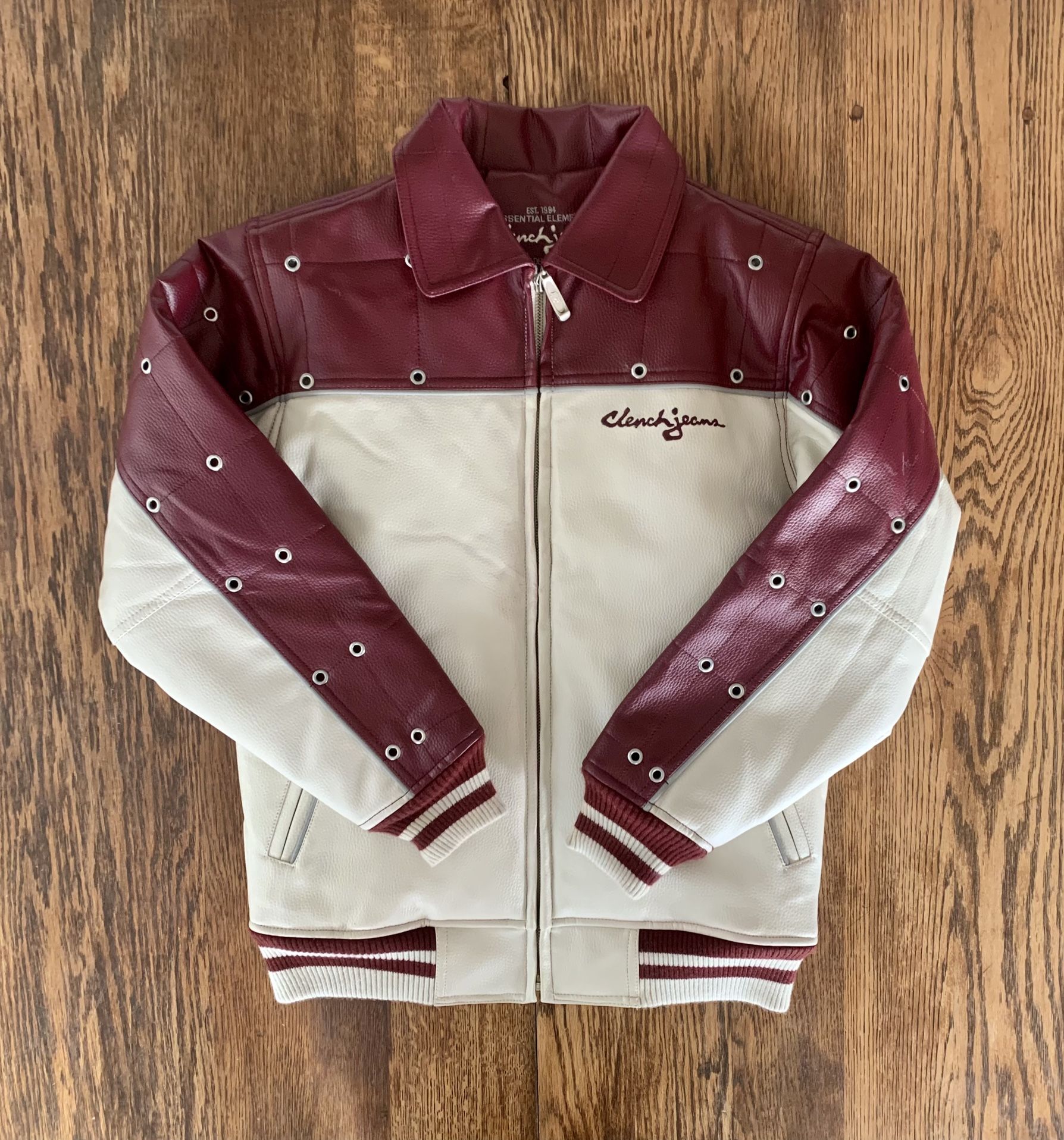 Clench Jeans burgundy cream leather jacket M vintage y2k