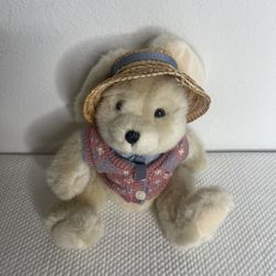 Vintage Bunny Bear Plush w/ Straw sun hat & Sweater Vest. Easter