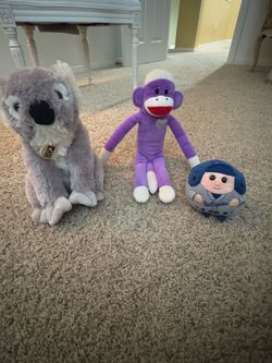 3 stuffed toys Koala, Dodger Ty, Sock Monkey