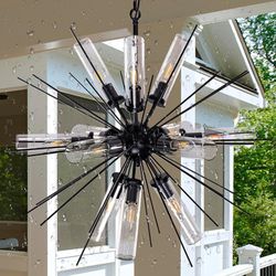 Black Sputnik Chandelier Light 12 Lights, Mid Century Modern Chandeliers for Living Room, Outdoor Lighting Fixture H