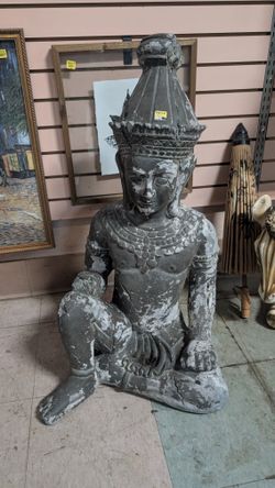 Large Resin Kneeling Temple Guardian Statue Asian Garden Decor Weathered Finish