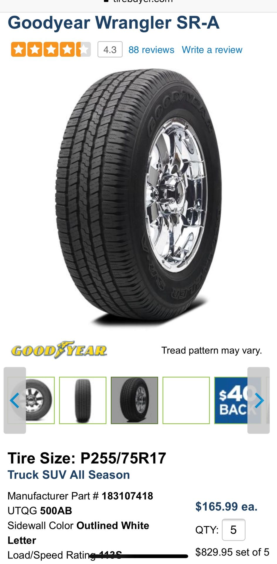 5 big tires, JUST $280!!!! Firm. Set of 5 Goodyear Wrangler SR-A tires,  Size: P255/75R17, Truck SUV - All Season. Came stock with my jeep wrangler  bu for Sale in Stone Mountain,