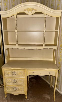 Vintage Henry Link French Provincial Desk & Hutch - Cream and Yellow / Shabby Chic