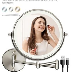 Rechargeable Wall Mounted Lighted Makeup Mirror Nickel Finishes, 8 Inch Double-Sided LED Vanity Mirror 1X/10X Magnification, 3 Color Lights Touch Scre