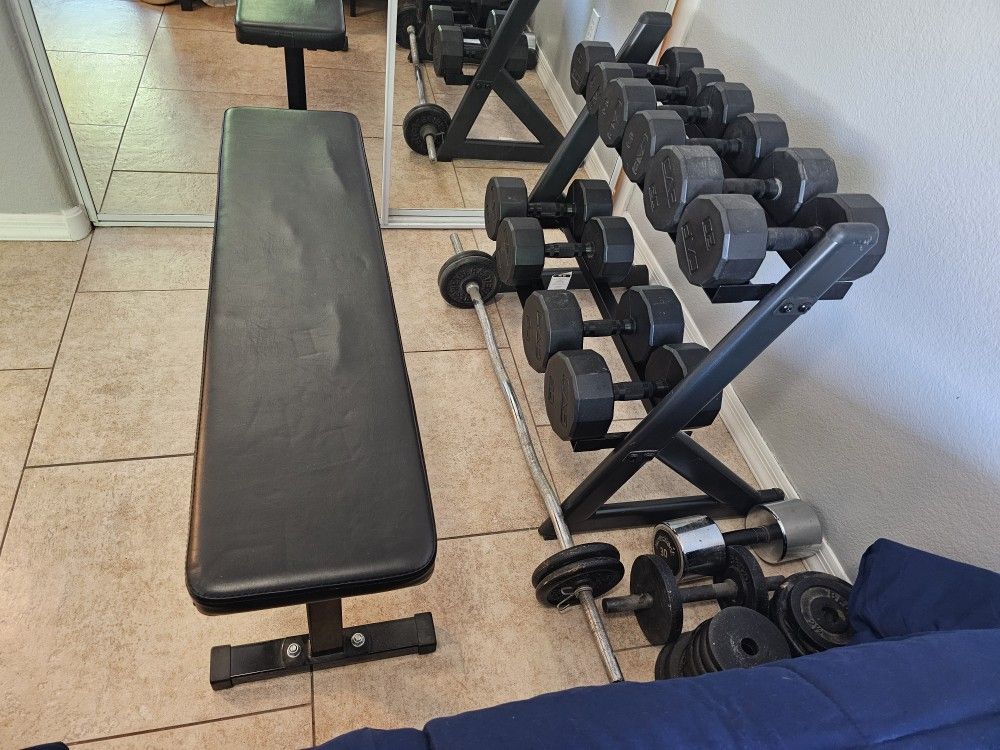 CAP Dumbbell Weights And Curl Bar With Bench