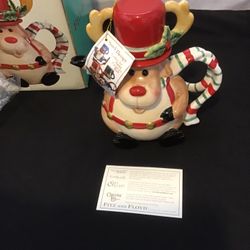 FITZ & FLOYD. Snack Therapy Deer Cocoa Pot Vintage