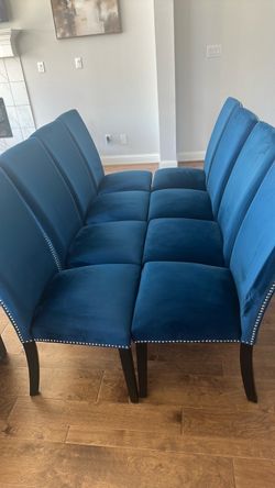 8 pc Blue Velvet Dining Chair Set with Nailhead Trim
