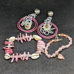 Pretty in Pink Bracelet And Earrings Set. Puka, Hearts.
