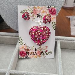 Dije Y Aretes De Corazón Artesanal Plata De 925