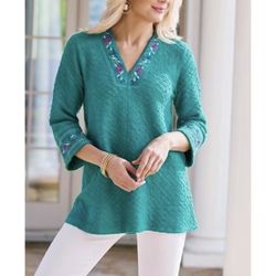 NWT $90 Soft Surroundings Zalamaya Tunic Top Sailing Green Embroidered, Sz 1X 