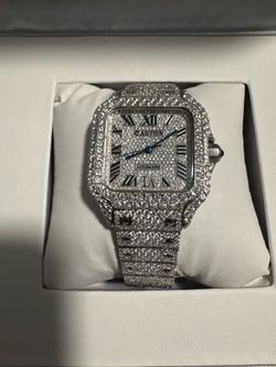 Cartier Santos Automatic Silver Dial Roman Numerals Diamond Bezel Watch w/ Box
