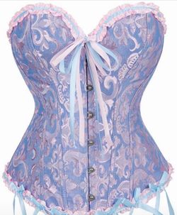 Blue Floral Brocade Corset with Pink Trim