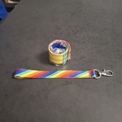 "NEW " Rainbow Lanyard 7" With Lobster Clasp & Rainbow Slap Bracelet (Has Care Resource Printed On It