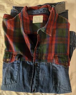 FD&C XXL Denim Blue And Red Plaid Long Sleeve Shirt