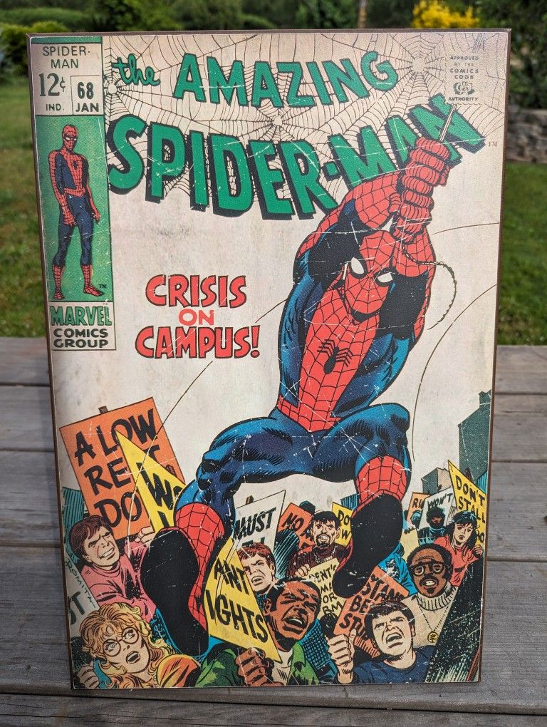 Amazing Spider-Man Crisis on Campus Print Wooden Poster Wall Art - Marvel Comics 19" x 12.5"