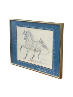 Vintage original 1985 Pencil Drawing of a Prancing Horse in Motion Signed Equine Art with Custom Matting Antique Style Frame