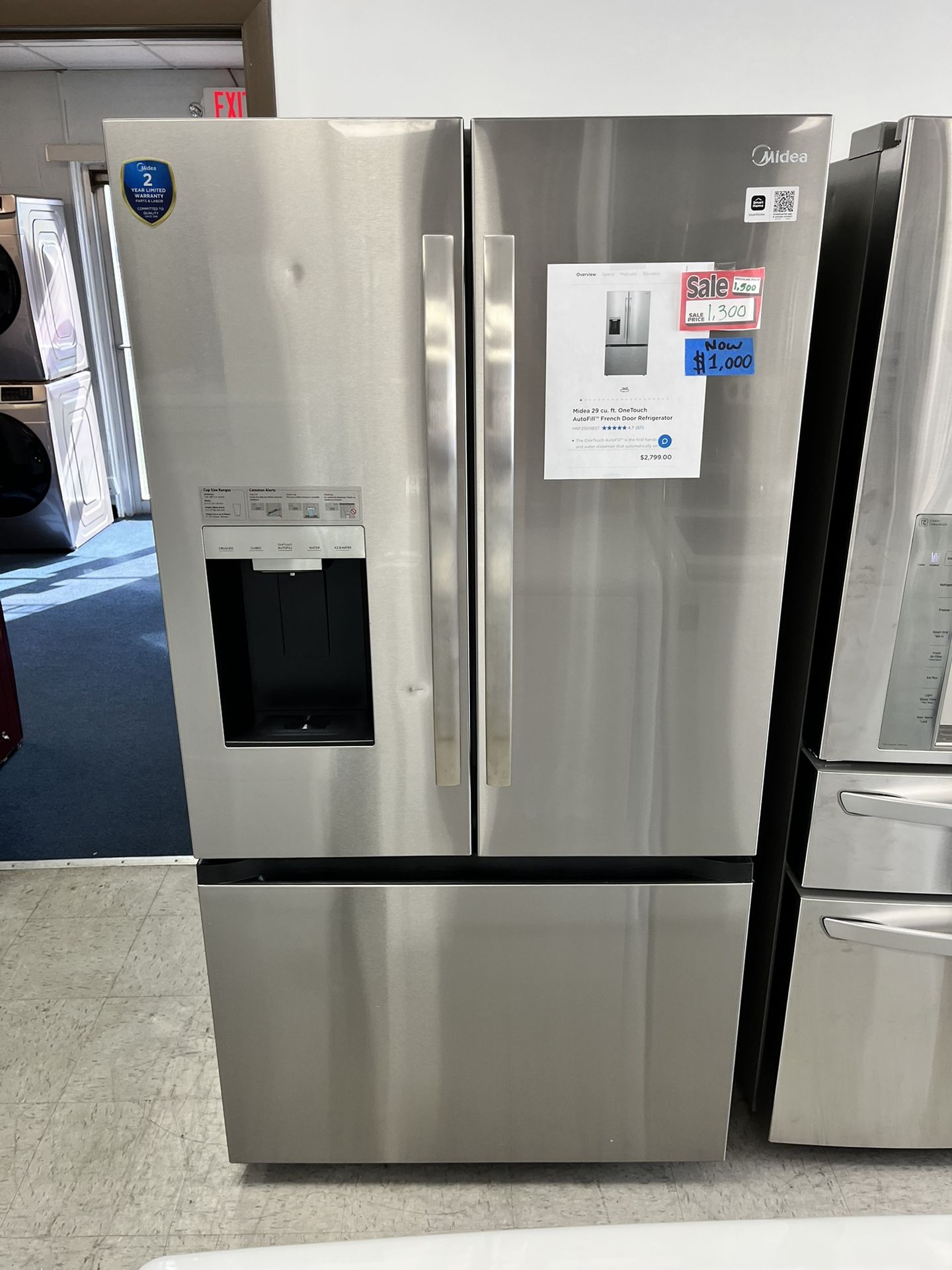 New Midea 36inch. 3-Door French Door With Ice Dispenser Stainless Steel Refrigerator 