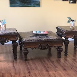 3pcs Ashley North Shore Marbel Top Wood End Table And Center Table 