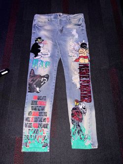 Men’s PREME Graphic Distressed Jeans 38x34 – Black or Light Wash – Like New
