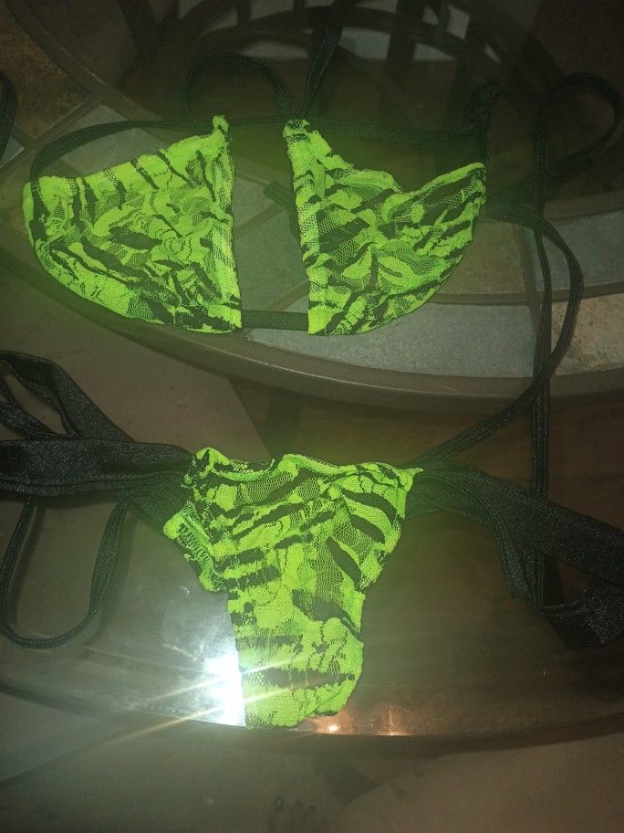 Women's Bikini Dance Lingerie Lime Green And Black See-through.