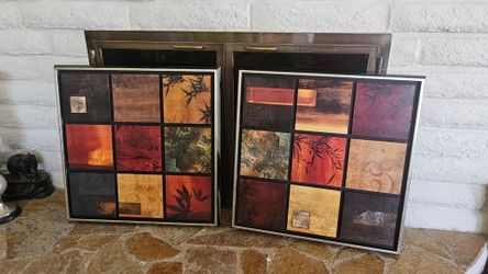 Set of Two Abstract Grid Wall Prints - Warm Rust & Gold Tones