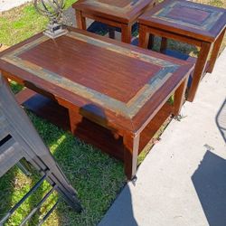 Wooden Coffee Table Set With End Tables