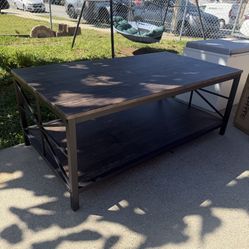 2-Tier Farmhouse Coffee Table, Modern Rectangular Dining Center Table w/Storage Shelf Steel Frame for Living Room Office Reception