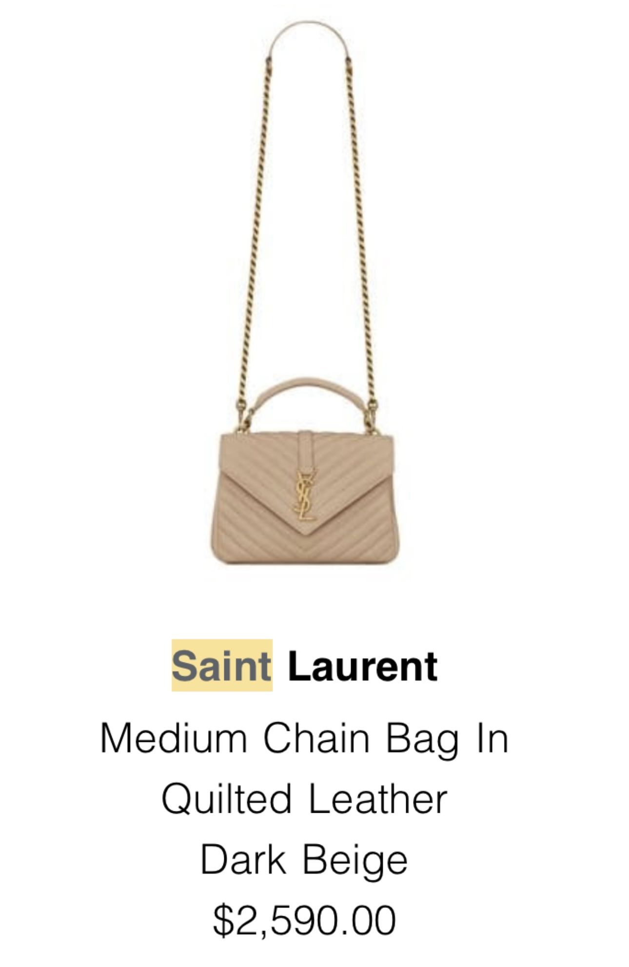YSL Yves Saint Laurent Medium Chain Bag Quilted Leather