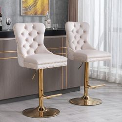 Set Of 2 Beige Thick Golden Swivel Velvet Barstools Adjusatble Seat Height [NEW] **Assembly Req** 