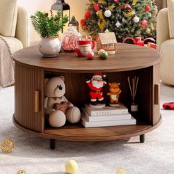 Round Coffee Table with Storage, 31.5" Modern Coffee Table with 360° Curved Sliding Door, Fluted Wood Accent Coffee Table with Adjustable Footpads, Ro