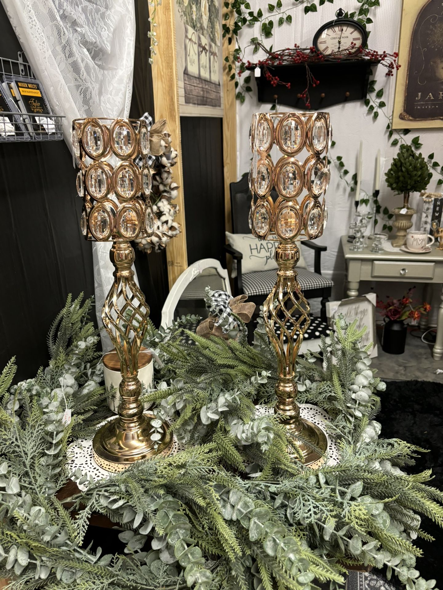Set If 2 Gold Rhinestone Candle Holders Metal