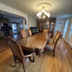 Antique 10ft Dining Table with Hard Glass Top & 6 Chairs & Antique China Cabinet 