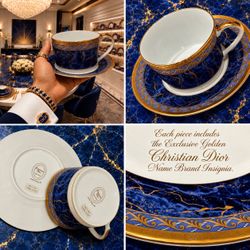 8 PCS Christian Dior Azure Royale Fine Original Art 4 CUP & SAUCER 1990s Vintage Porcelain CD REAL GOLD GILT Teacup And Authentic Brand Name HILLCREST
