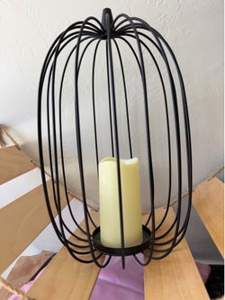 2 Black Wire Cage Pumpkins w/Battery Operated Flicker Ivory Colored Candles inside