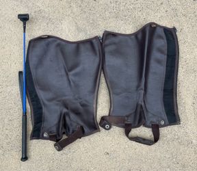 Need gone asap Saxon Brown Leather Half Chaps + Riding Bat Bundle — Equestrian Tack Lot