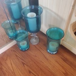 3 Large Teal Glass Candle Holders. Set