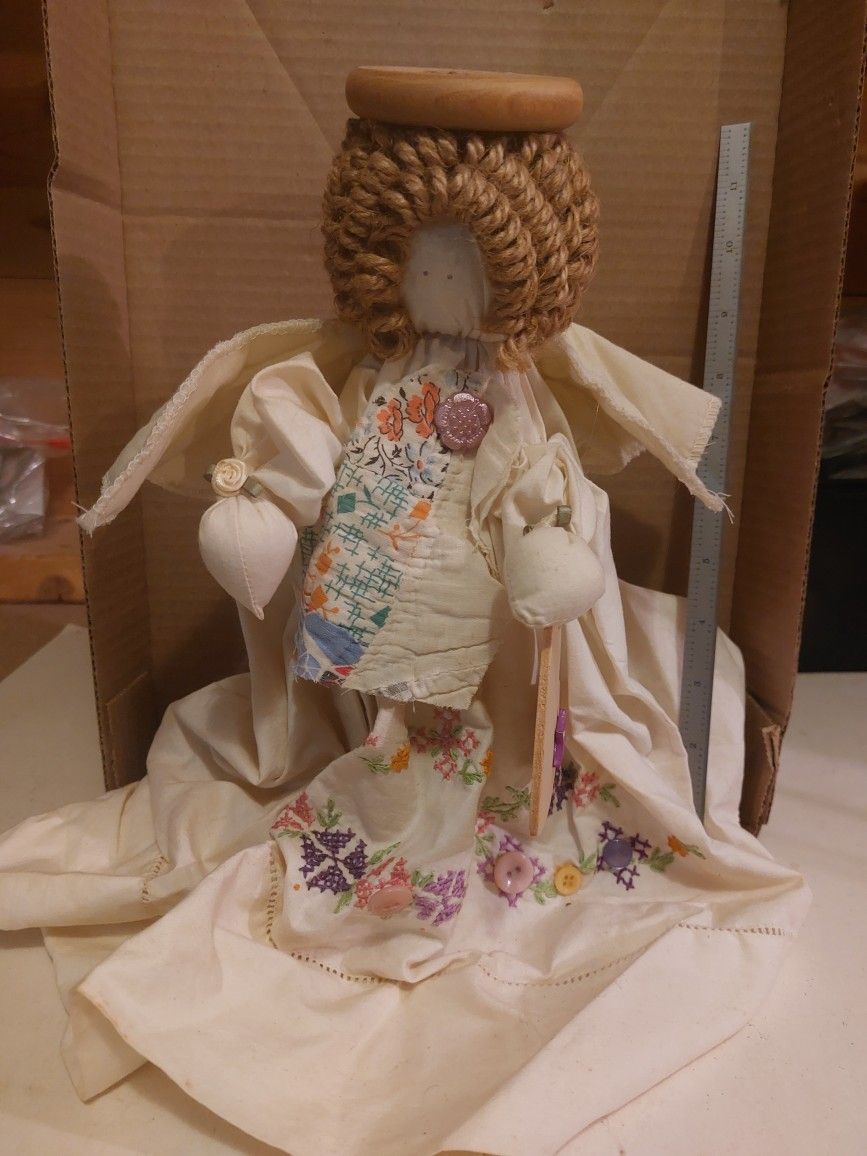 Handmade Angel Decore with Quilt Pieces and Embroidered Pillowcase Dress