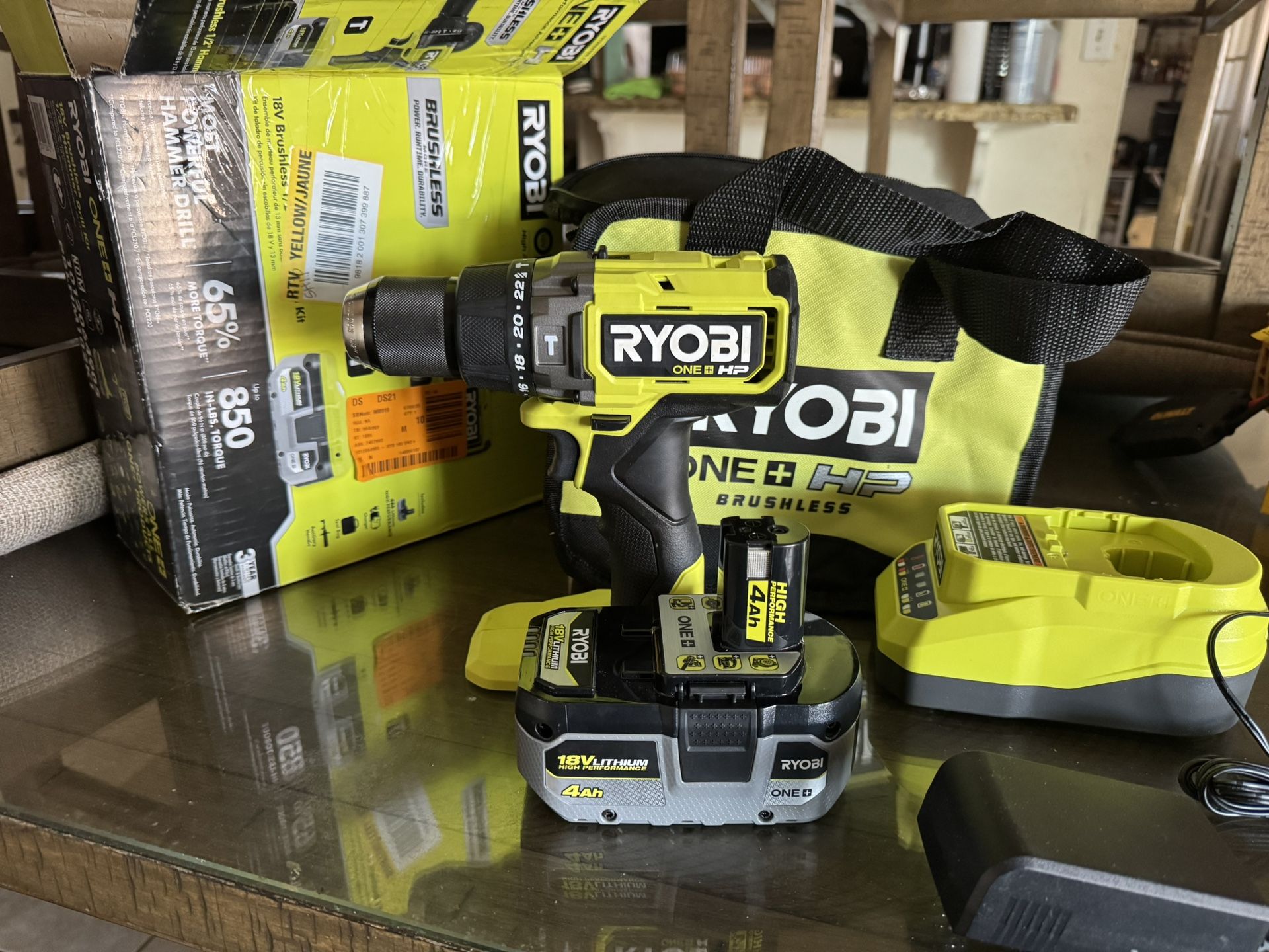 RYOBI ONE+ HP 18V Brushless Cordless 1/2 in. Hammer Drill Kit 4.0 Ah HIGH PERFORMANCE Battery, Charger, and Bag