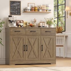 42.5’’ Kitchen Buffet Sideboard Cabinet, 3 Drawers Farmhouse Storage Cabinet with Adjustable Shelf, Rustic Brown