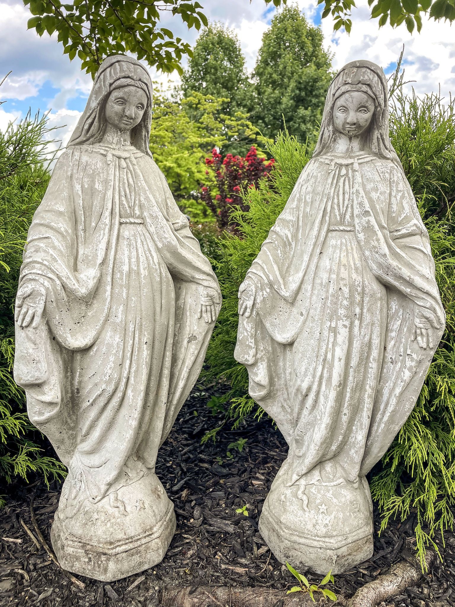 A Set of 2 Concrete Blessed Virgin Mary Garden Statues
