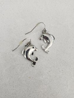 Silver-Tone Dolphin Dangle Earrings - Puffy Charm, 1"