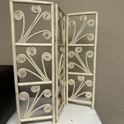 Vintage “Mini” Rattan Bamboo Wicker White Scroll 3 Panel Boho Chic Folding Screen