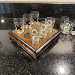 Rare BOMBAY Tic-Tac-Toe Cherry Wood Game Board with 9 Shot Glasses Bar Decor