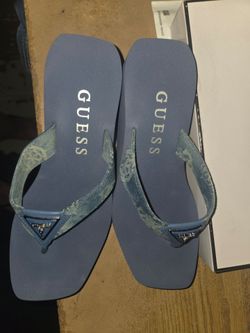 GUESS Denim Wedge Flip Flops in Navy