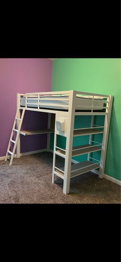 Twin size loft bed with desk and shelves