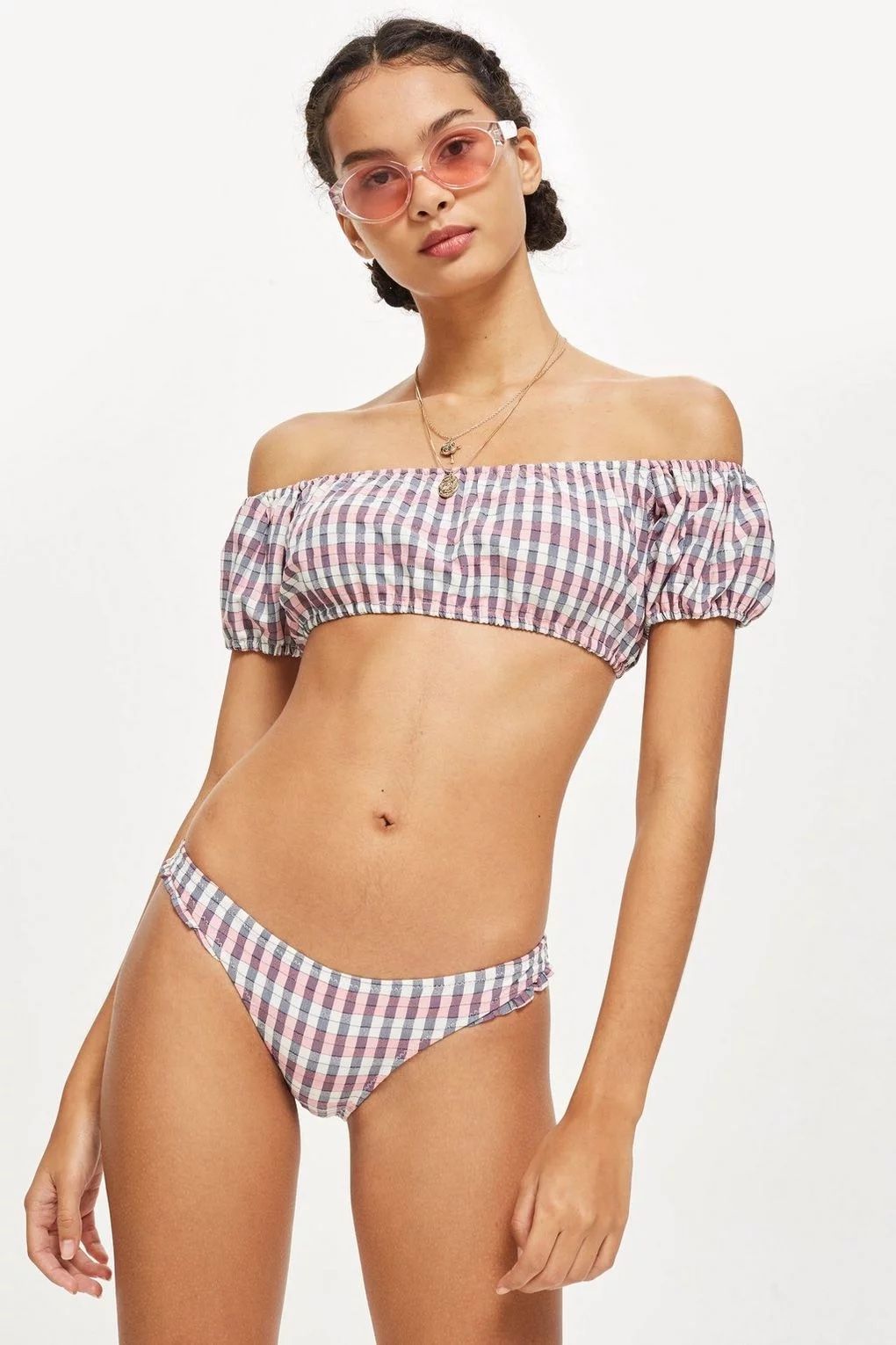 TOPSHOP Pink White Grey Checkered Gingham Ruffle Hip Bikini Bottoms NEW